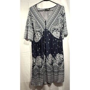 Suzanne Betro Bohemian-Style Womens V-Neck Midi Dress White/Navy Size Med